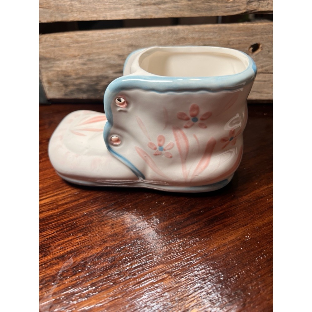 Vintage Napcoware Ceramic Baby White Shoe, Pink&Blue Flowers Vase/Planter C-3503